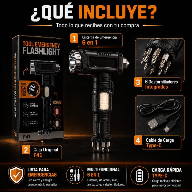 Linterna de emergencia 6 en 1 | Martillo de Seguridad + Power Bank + Destornilladores