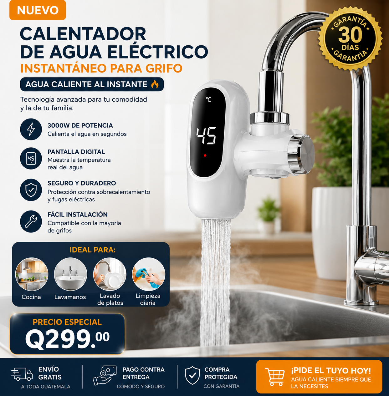 Calentador de Agua Eléctrico Instantáneo para Grifo | 3000W con Pantalla Digital