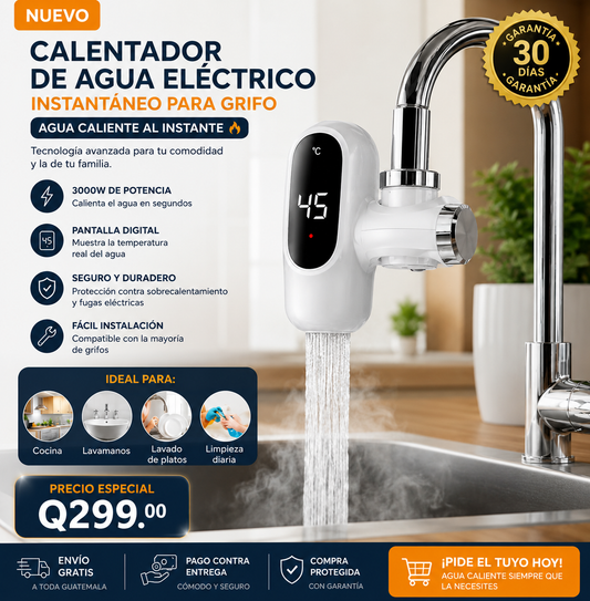 Calentador de Agua Eléctrico Instantáneo para Grifo | 3000W con Pantalla Digital