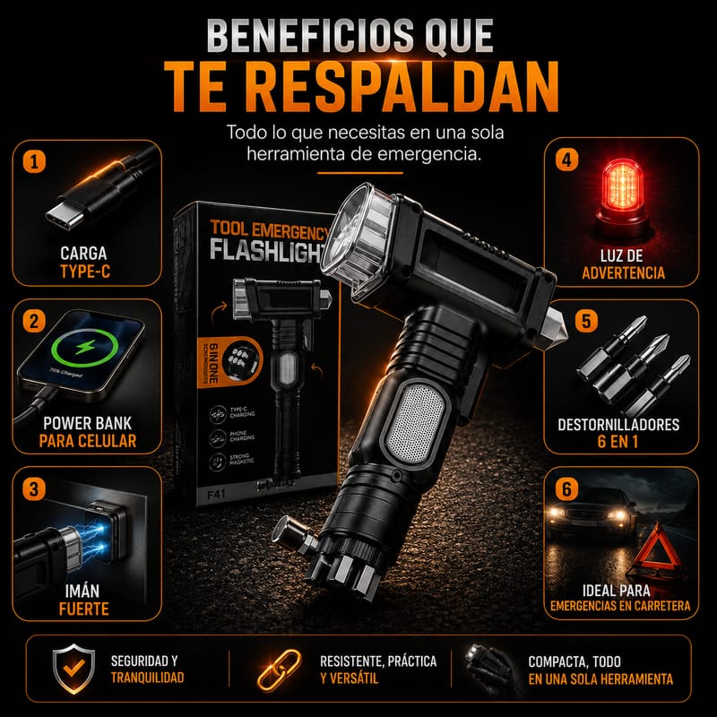 Linterna de emergencia 6 en 1 | Martillo de Seguridad + Power Bank + Destornilladores