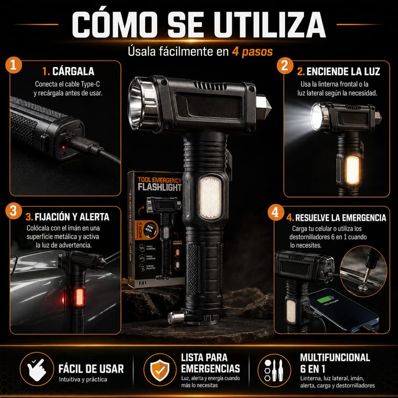Linterna de emergencia 6 en 1 | Martillo de Seguridad + Power Bank + Destornilladores