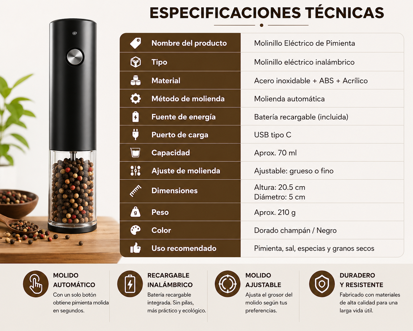 Molinillo Eléctrico de Pimienta Recargable USB | Molido Automático