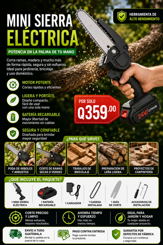 🌳 MINI SIERRA ELÉCTRICA PORTÁTIL – Potencia y precisión en la palma de tu mano