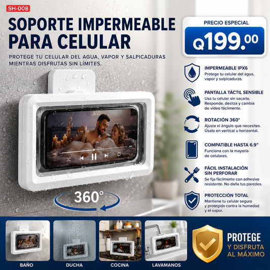 Soporte Impermeable para Celular 360° – Protección Total para Baño y Cocina