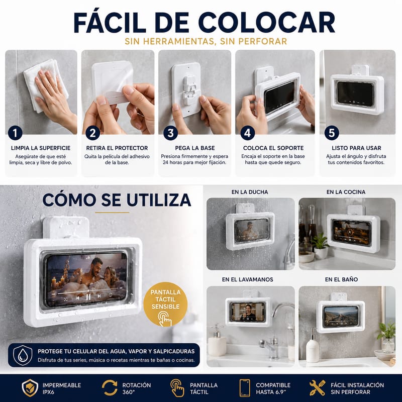 Soporte Impermeable para Celular 360° – Protección Total para Baño y Cocina