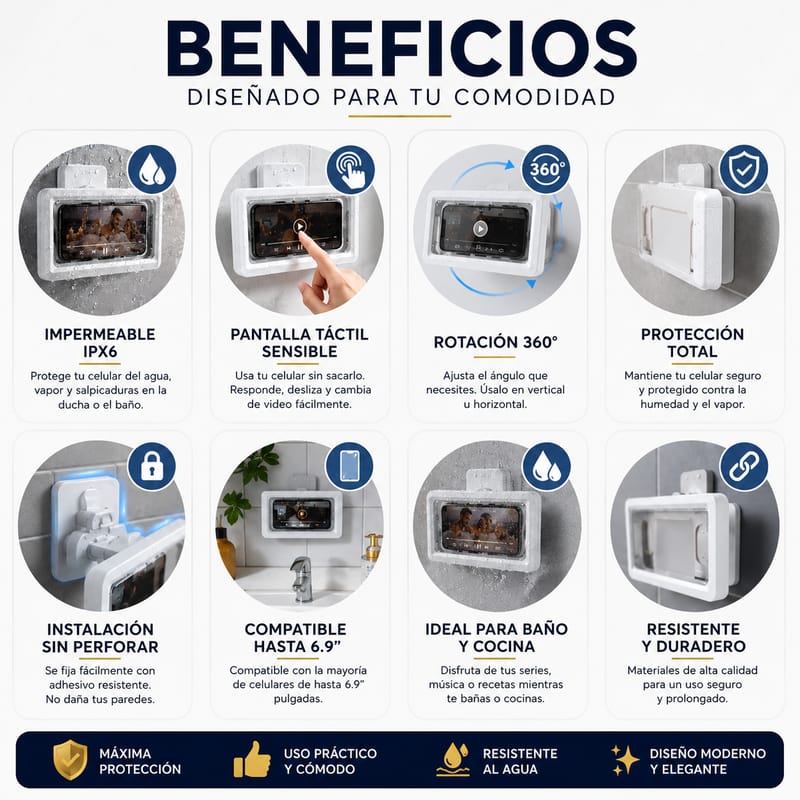 Soporte Impermeable para Celular 360° – Protección Total para Baño y Cocina