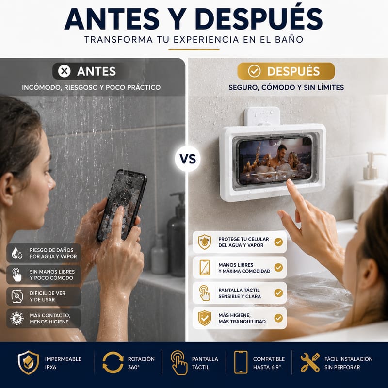 Soporte Impermeable para Celular 360° – Protección Total para Baño y Cocina